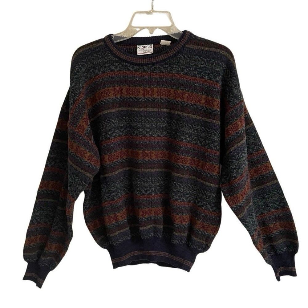 Giorgio di Firenze Sweater Mens L Crew Neck‎ Striped Wool Blend Italian 90s